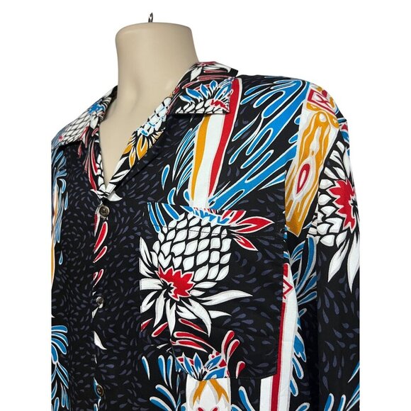 Original Mens Hawaiian Vintage Black Floral Button Up Camp Shirt Medium Pocket - Picture 3 of 7